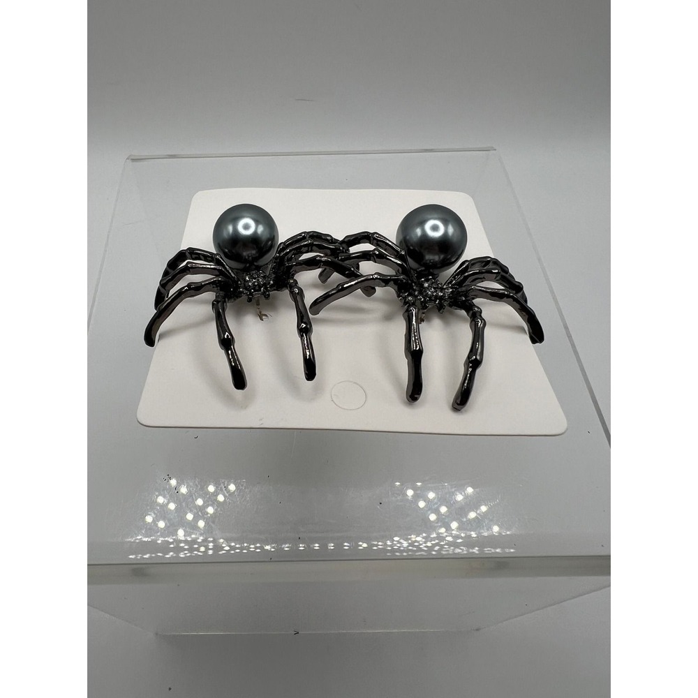 Goth Spider Earrings Gray Faux Pearl Gunmetal Whimsigoth Statement Studs